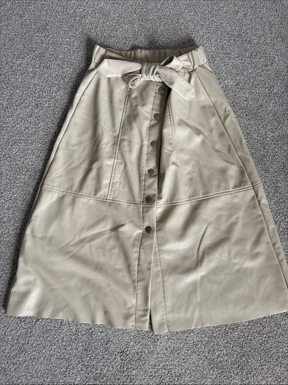 High-Waist Tie-Belt A-Line Faux Leather Skirt in Taupe